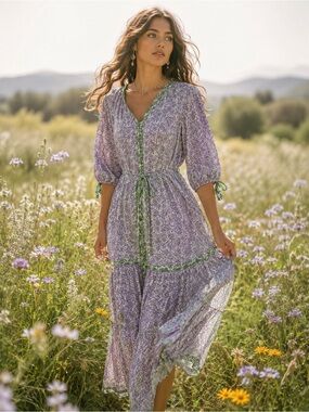 Lavender Floral Tiered Boho Midi Dress with Green Trim